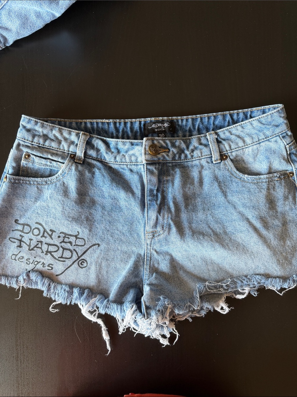 Ed Hardy Light Wash Frayed Denim Jean Shorts
